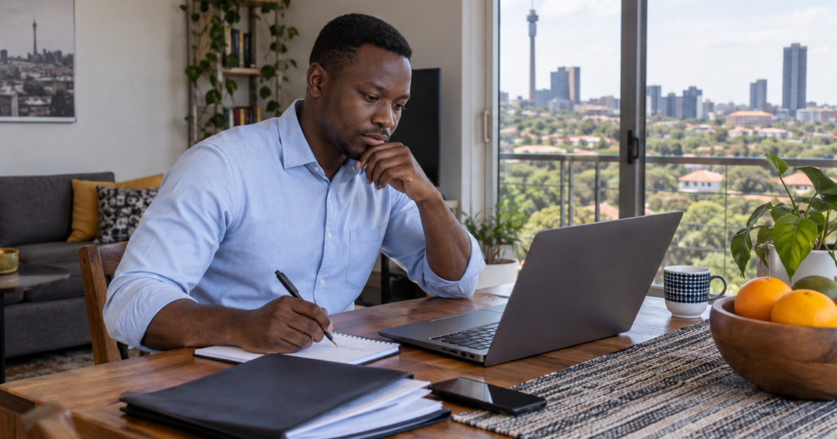 Applicant preparing a CV on a laptop to apply for a job in South Africa as a foreigner.