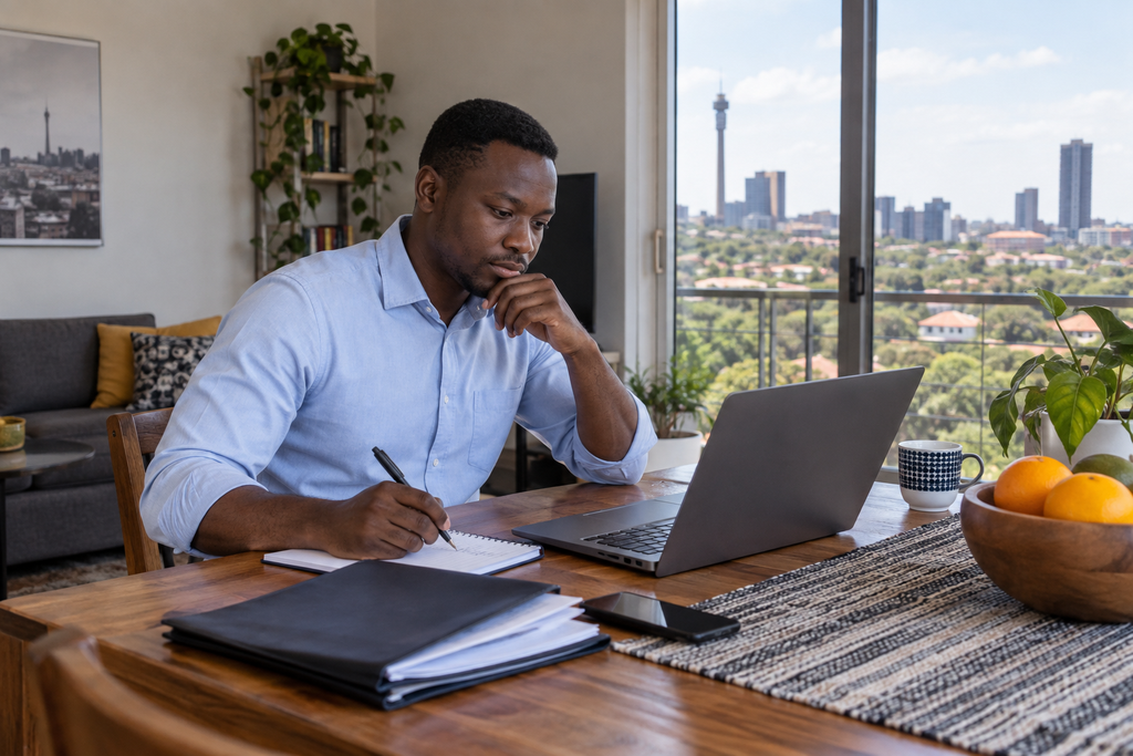 Applicant preparing a CV on a laptop to apply for a job in South Africa as a foreigner.