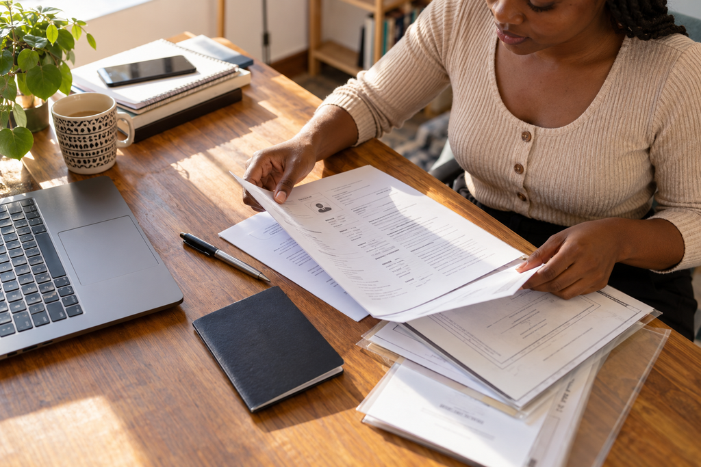 Woman organising CV and qualification documents beside a laptop.