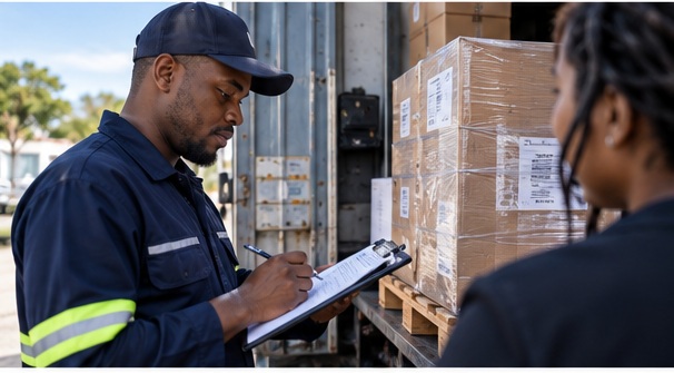 South African Code 10 delivery driver completing delivery paperwork