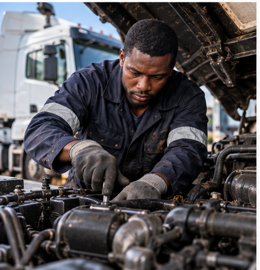 South African diesel mechanic working on heavy vehicle equipment