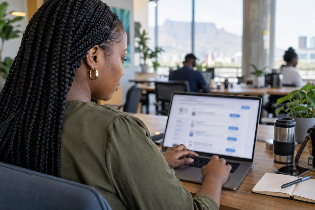 Woman browsing online job listings on a laptop in a shared workspace.