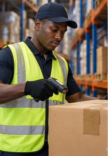 South African warehouse worker scanning and handling stock