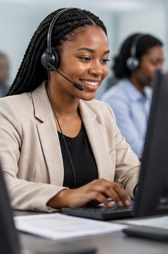 South African call centre agent speaking to customers through a headset