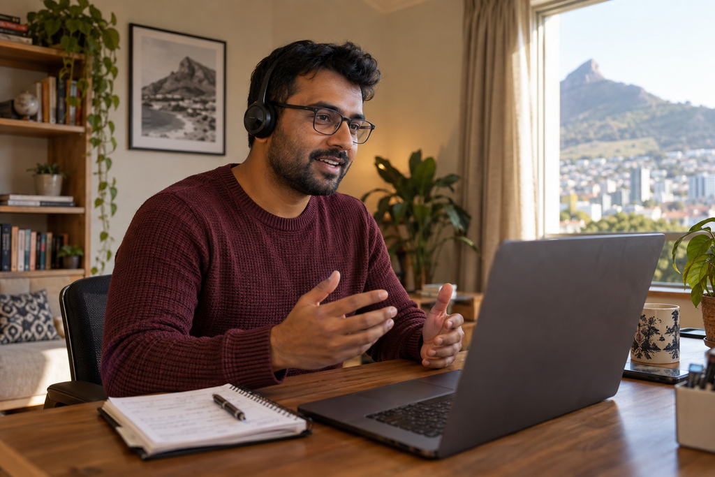Man wearing headphones practising an online interview at his laptop.