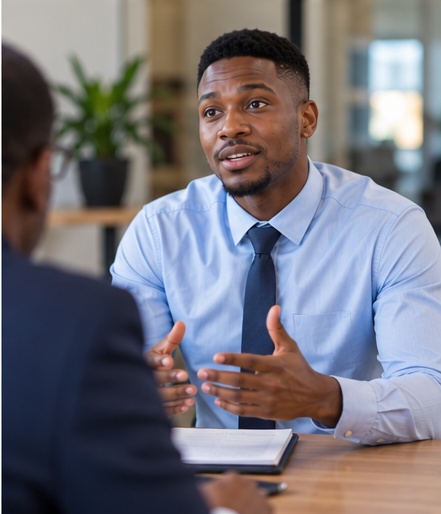 Common interview questions and answers in South Africa with a candidate giving clear professional responses