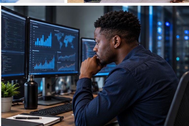 Data and ICT specialist analysing information on computer screens in South Africa