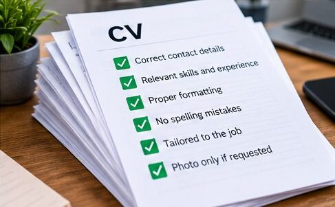 CV checklist covering contact details, relevant skills, formatting and tailoring the CV to the job