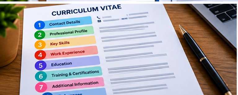 Professional CV sections including contact details, profile, skills, work experience and education