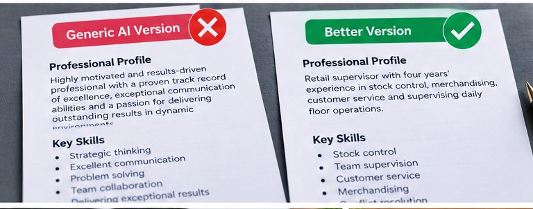 Generic AI-generated CV compared with a specific CV tailored to real work experience