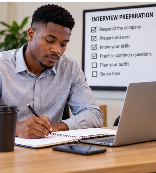 Job seeker preparing and practising answers before a job interview