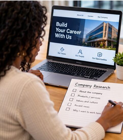 Job seeker researching a company online before attending a job interview